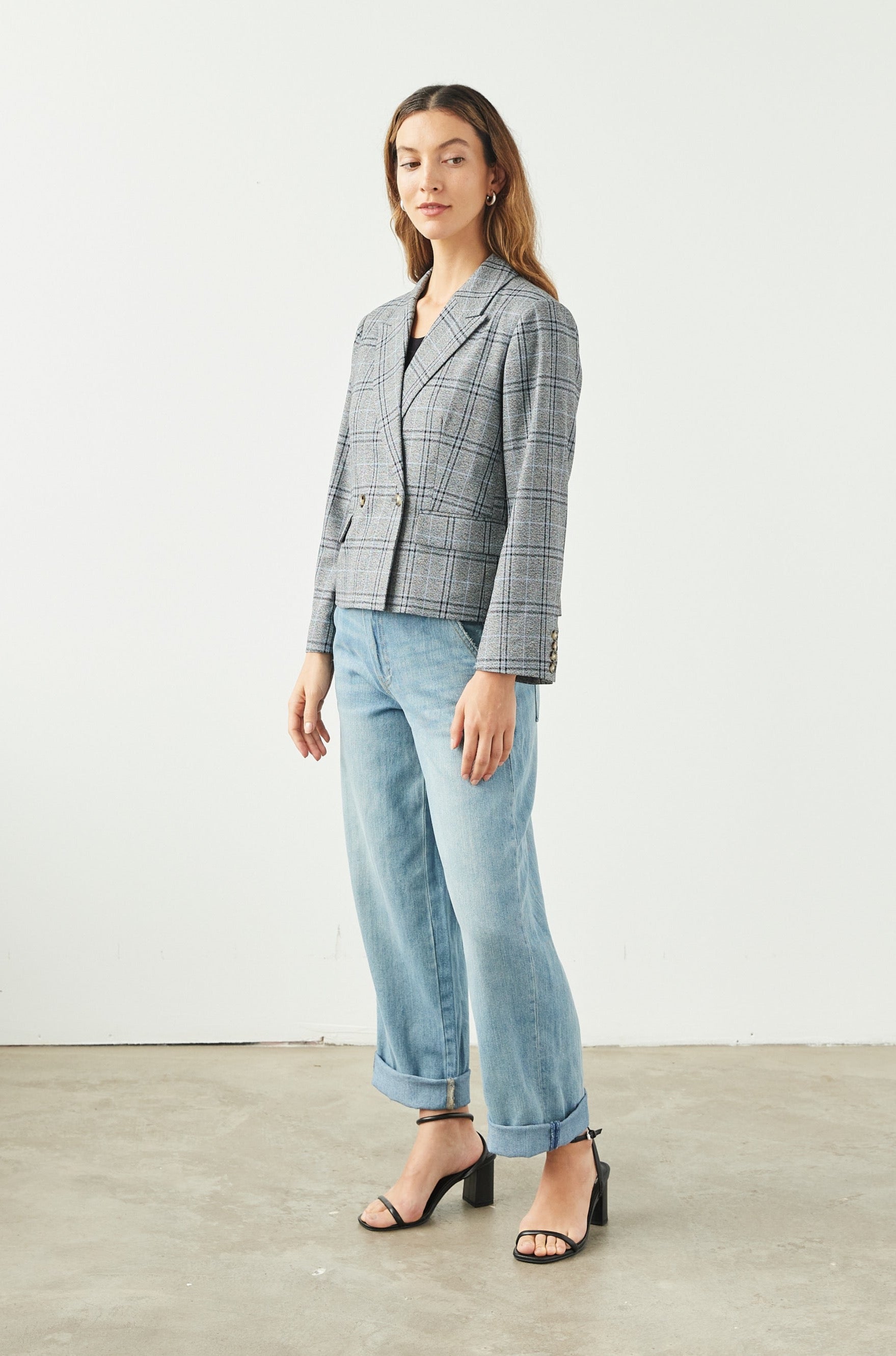 The Cropped Double Breasted Blazer in Walker Plaid