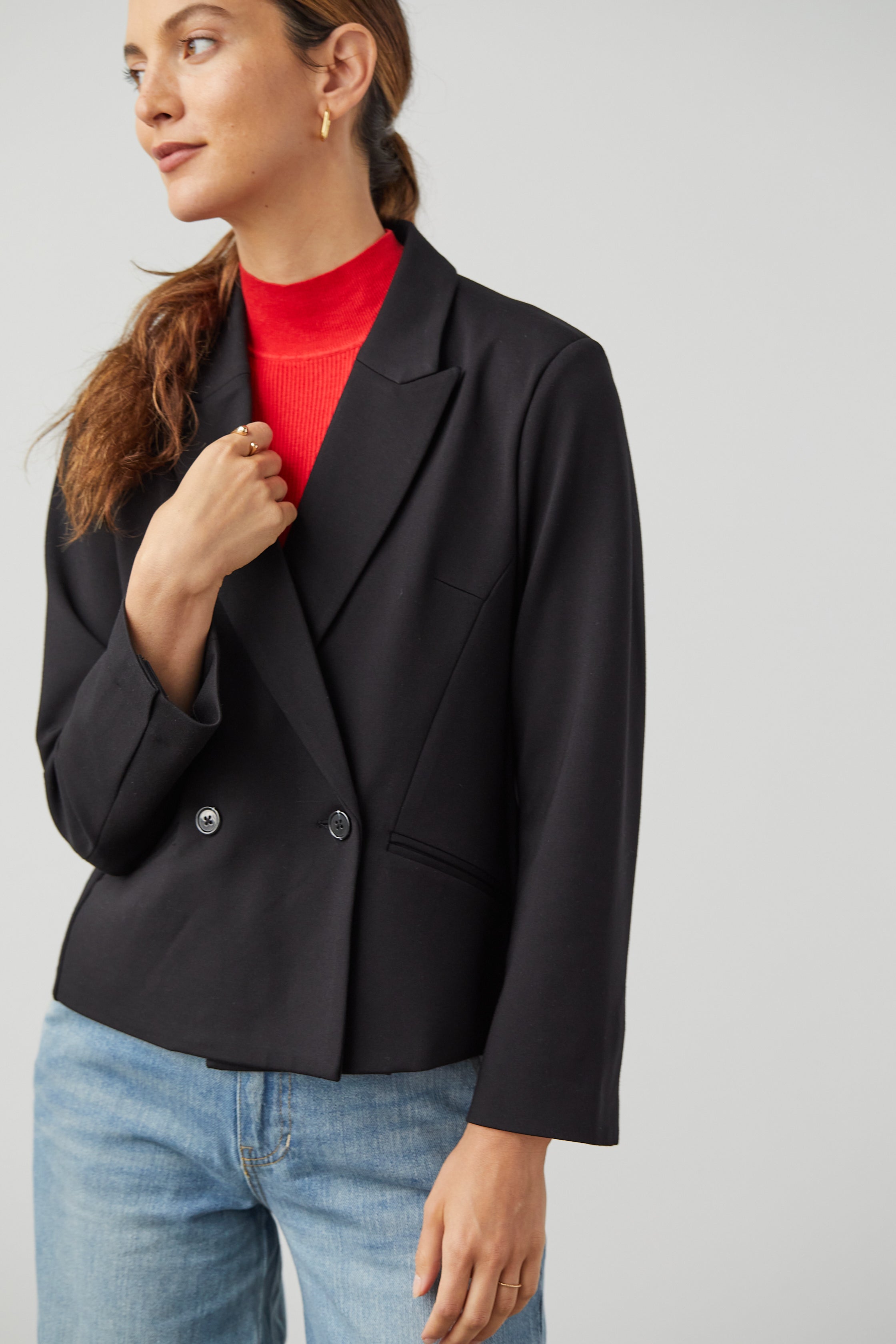 The Cropped Double Breasted Blazer in Prestige Ponte